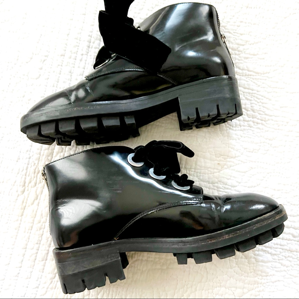 Sandro Black Patent Leather Velvet Lace Platform Combat Ankle Boots Size 37 7